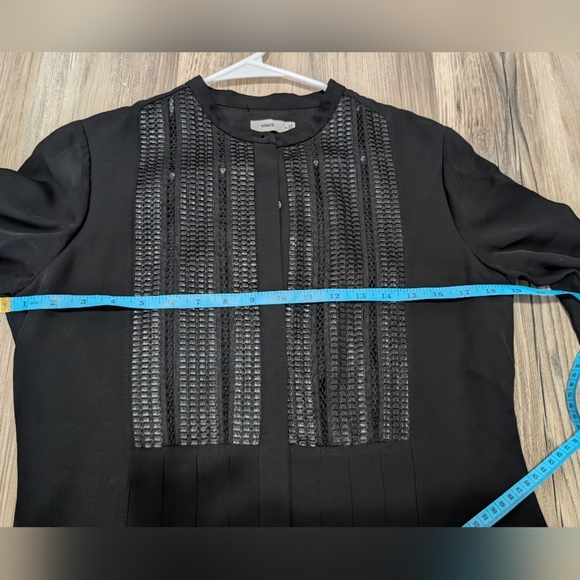 Vince Size 8, 100% Silk, Black Long‎ Sleeve Dress, Button Down, Lattice Bib - Picture 8 of 13